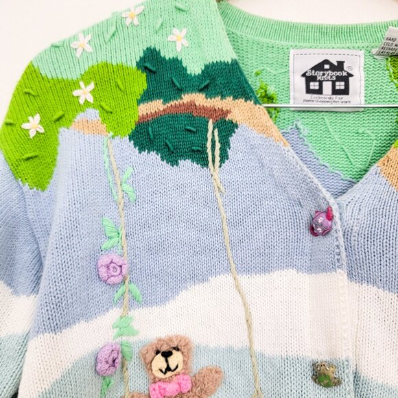 Vintage Storybook Knits Kids Playing Toys Trees Cardigan Sweater Medium - Picture 2 of 9